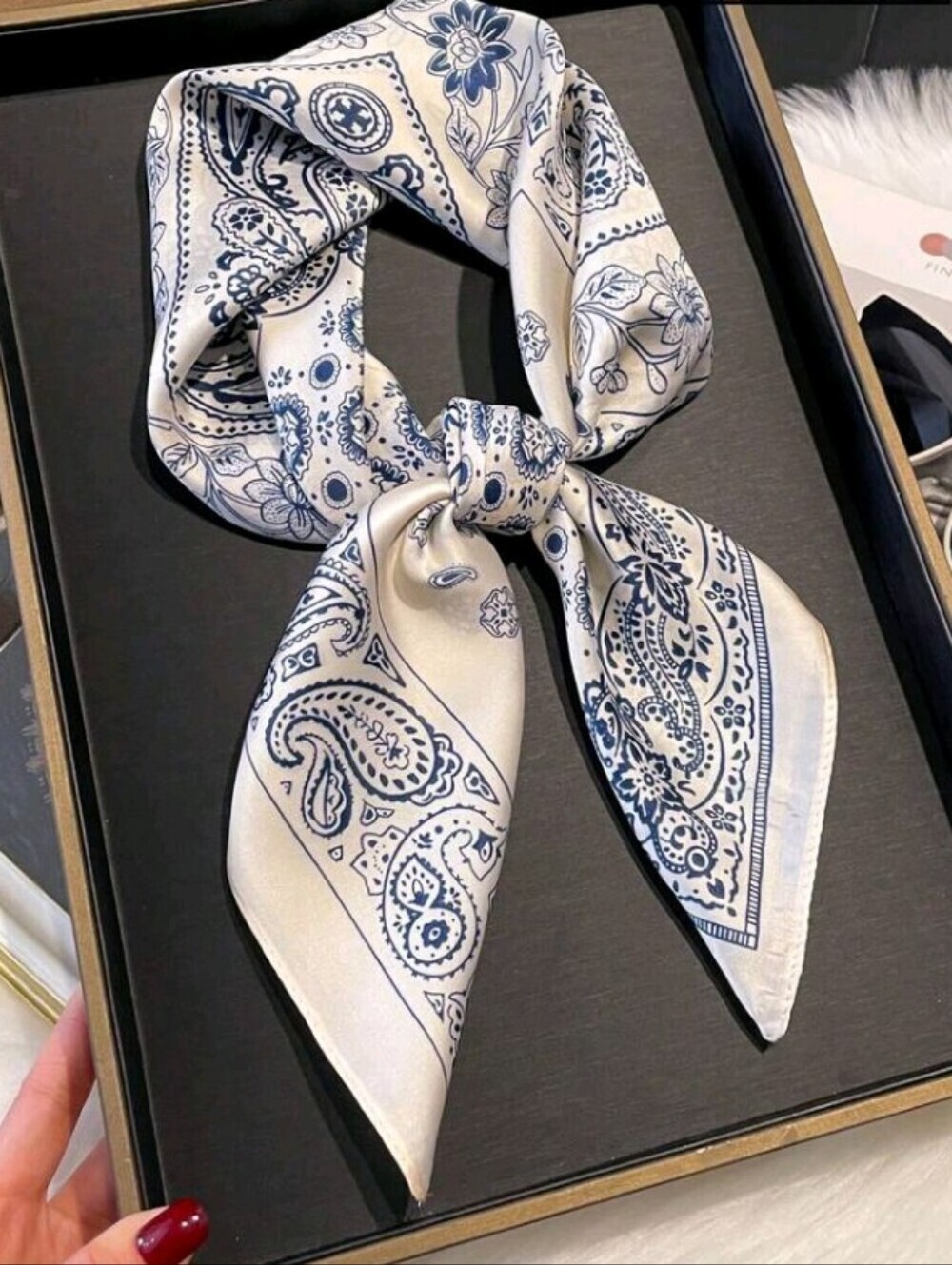 Blue Cream Paisley Floral Satin Scarf Summer Vacation Travel - Picture 2 of 2